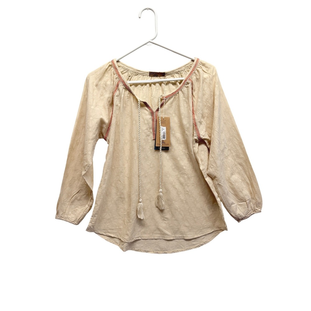 PrAna Verano Top Embroidered Boho Tassel Small Stone Beige Womens